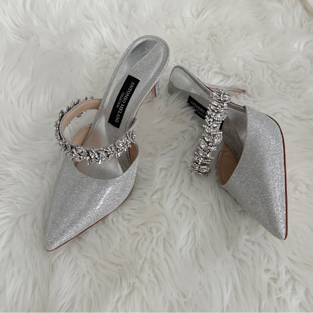 Antonio Melani Collection Nova Jeweled Fabric Silver Pointed Mules Heels